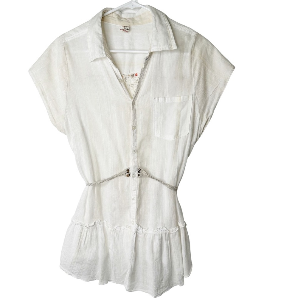 Free People White Sheer Crochet Knit Gauze Button Down Rope Tie Size Large